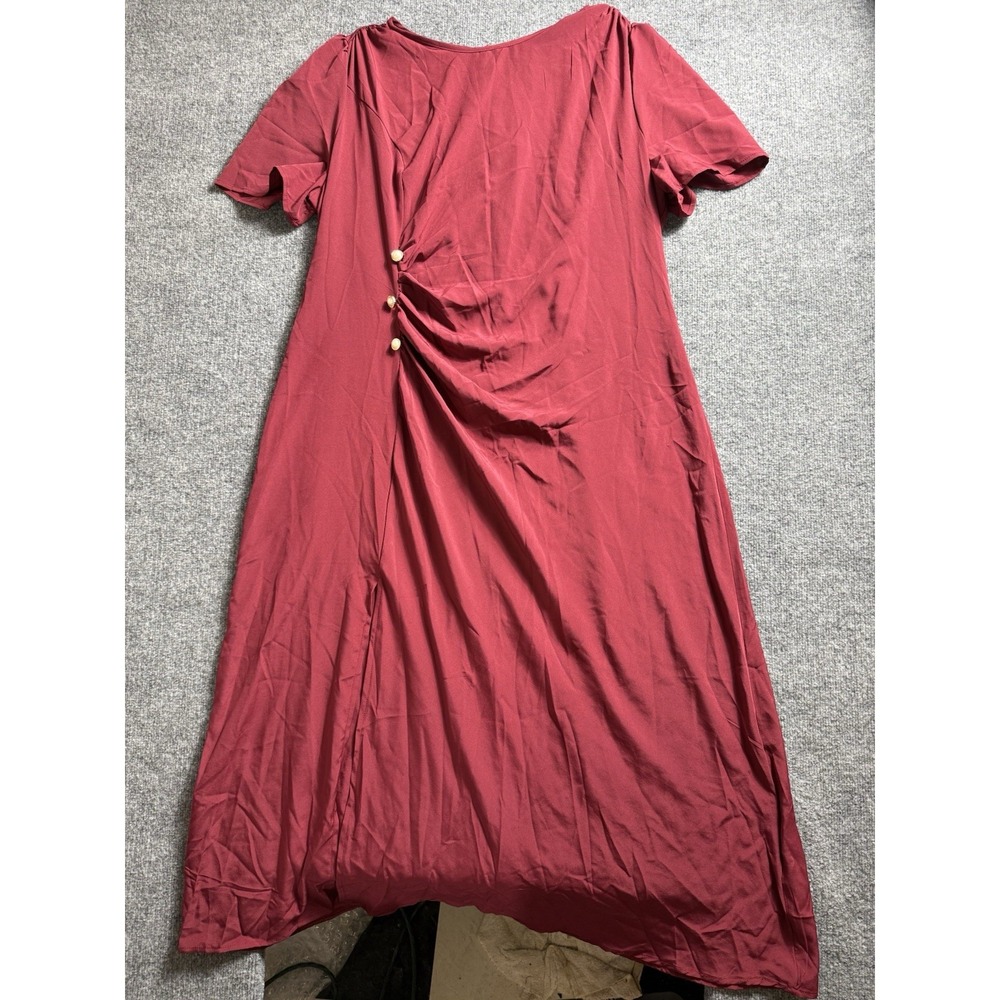 Wine Red Ruched Midi Dress Side Button Side Slit Short Sleeve Asymmetrical 3X